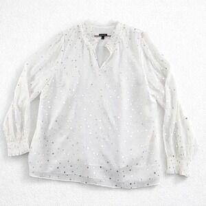 Talbots Women Cream Silver Dot Sheer Ruffle Neck V-Neck Long Sleeve Blouse Top